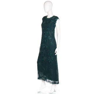 1980s Richilene Dark Green Long Dress Vintage Beaded Evening Gown Size Medium or Large