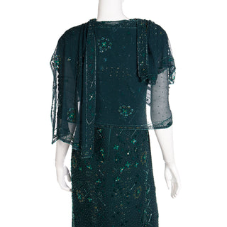 1980s Richilene Dark Green Long Dress Vintage Beaded Evening Gown w Beaded Wrap