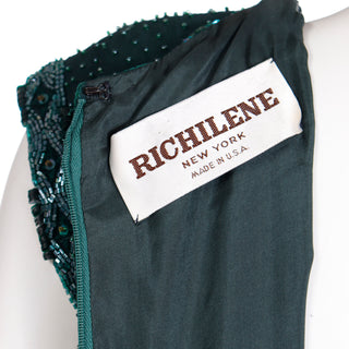 1980s Richilene New York Dark Green Long Dress Vintage Beaded Formal Evening Gown