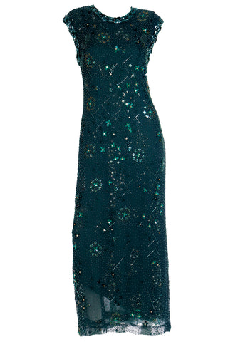 1980s Richilene Dark Green Long Dress Vintage Beaded Evening Gown