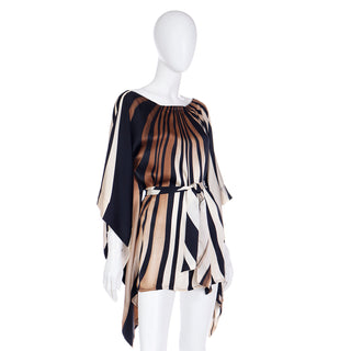 Abstract Striped Silk Vintage Caftan Style Top W/ Sash in Brown Black & Ivory