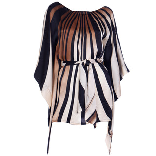Striped Silk Vintage Caftan Style Top W/ Sash in Brown Black & Ivory Size S/M