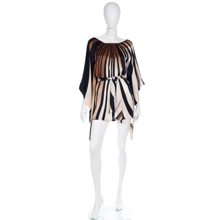 Striped Silk Vintage Caftan Style Top W/ Sash in Brown Black & Ivory Silk