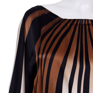 Striped Silk Vintage Caftan Style Top W/ Sash in Brown Black & Ivory Abstract Print