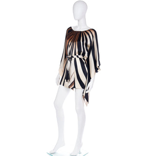 Striped Silk Vintage Caftan Style Top W/ Sash in Brown Black & Ivory M