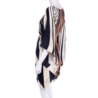 Striped Silk Vintage Caftan Style Top W/ Sash in Brown Black & Ivory Opaque Silk