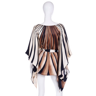Striped Vintage Caftan Style Top W/ Sash in Brown Black & Ivory Silk