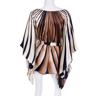 Abstract Striped Silk Vintage Caftan Style Top W/ Sash in Brown Black & Ivory Size M