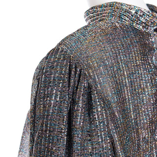 Vintage 1970s Silver Lurex Iridescent Pullover Tinsel Top w gathered sleeves