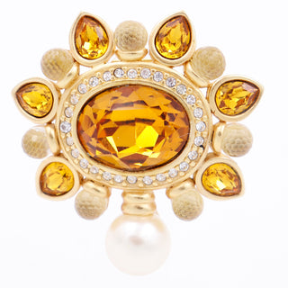 1990s Swarovski Faceted Amber & Clear Crystal Brooch w Pearl Drop in Gold Plated Setting