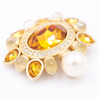 Gold Plated 1990s Swarovski Faceted Amber & Clear Crystal Brooch w Pearl Drop