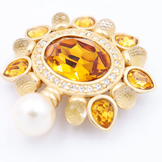 Vintage Gold Plated 1990s Swarovski Faceted Amber & Clear Crystal Brooch w Pearl Drop