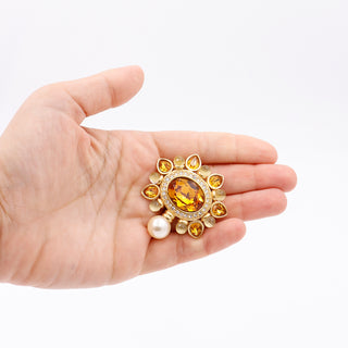 1990s Swarovski Gold Plated Faceted Amber & Clear Crystal Brooch w Pearl Drop