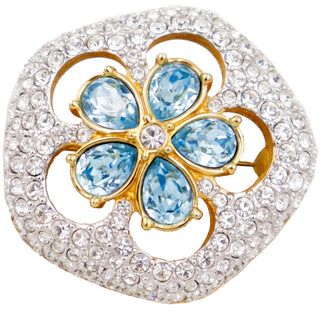 Vintage Swarovski Crystal 22k Gold Plated Brooch with Blue & Clear Crystals