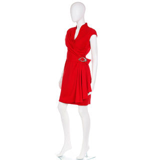 1990s Thierry Mugler Red Wrap Dress W SIlver buckle