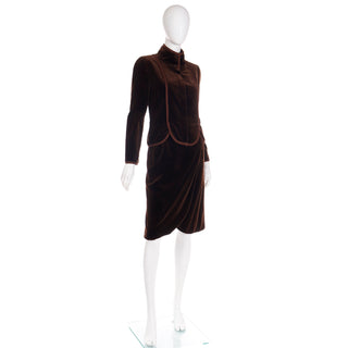 1980s Vintage Valentino Boutique Luxe Brown Velvet Jacket & Skirt Suit w Ribbon Trim 