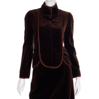 1980s Vintage Valentino Boutique Brown Velvet Jacket w High Collar & Skirt Suit w Ribbon Trim 