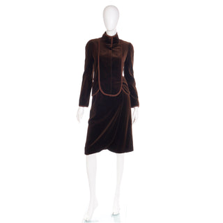 1980s Vintage Valentino Boutique 2 pc Brown Velvet Jacket & Skirt Suit w Ribbon Trim