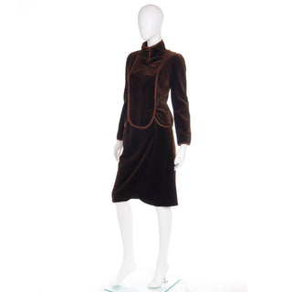 1980s Vintage Valentino Boutique Brown Velvet Jacket & Skirt Suit w Ribbon Trim Italy