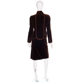 1980s Vintage Valentino Boutique Brown Velvet Jacket & Skirt Suit w Ribbon Trim Made in Italy