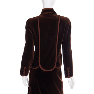 1980s Vintage Valentino Boutique Brown Velvet Jacket & Skirt Suit w Ribbon Trim Excellent Condition