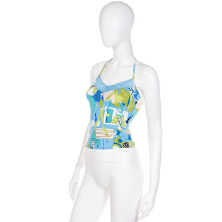 1990s Versace Jeans Couture in Novelty Shopper Print Blue & Green Halter Top w Lace