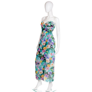 1980s Victor Costa Floral Strapless Evening Dress w Wrap Scarf  Vintage