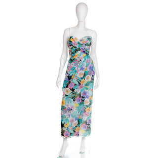 Vintage 1980s Victor Costa Floral Strapless Evening Dress w Wrap Scarf 