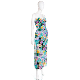 1980s Victor Costa Floral Strapless Evening Dress w Wrap Scarf  and ruching