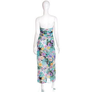 Vintage 1980s Victor Costa Floral Strapless Evening Dress w Sweetheart Bodice & Wrap Scarf 