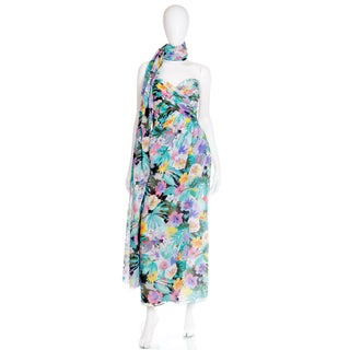 1980s Victor Costa Vintage Floral Strapless Evening Dress w Wrap Scarf 