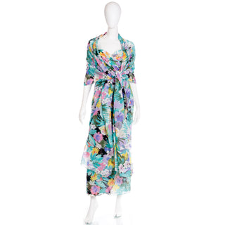 Vintage 1980s Victor Costa Colorful Floral Strapless Evening Dress w Wrap Scarf 