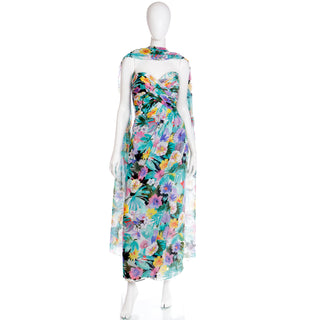 1980s Victor Costa Floral Strapless Long Evening Dress w Wrap Scarf 