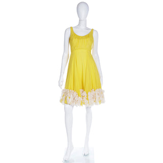 1960s Miss Bergdorf Yellow Silk Chiffon Dress With Silk Faux Feathers