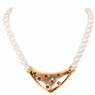 1970s Yves Saint Laurent Pearl Necklace W Gold Plated Pendant & Red Stones in stars