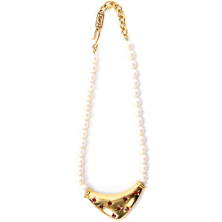 1970s Yves Saint Laurent Pearl Necklace W Gold Plated Pendant & Red Stones w YSL hang tag