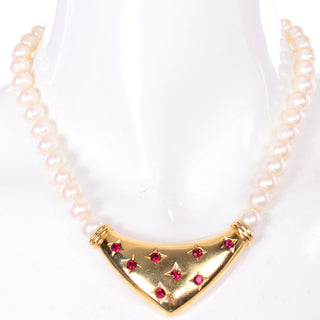 1970s Yves Saint Laurent Pearl Necklace W Gold Plated Triangle Pendant & Red Stones