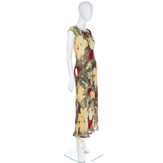 2000s Vintage Bold Yellow Green Red Floral Print Midi Dress S/M