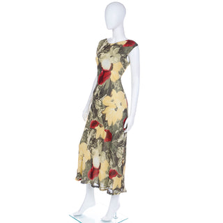 2000s Vintage Bold Yellow Green Red Floral Print Midi Dress S/M fit