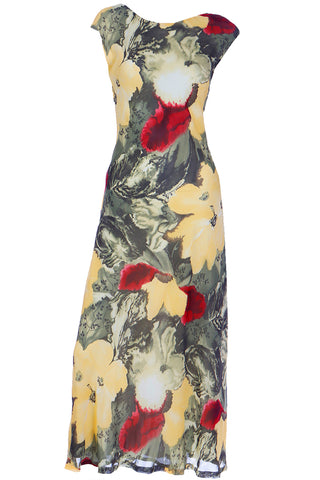 2000s Vintage Bold Yellow Green Red Floral Print Midi Dress