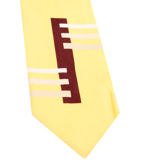 Vintage Yohji Yamamoto Tie Abstract Geometric Yellow Silk Mens Necktie with Brown and Beige Lines