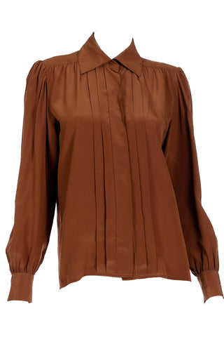 1970s Yves Saint Laurent Brown Silk Pleated Collared Blouse