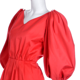 1989 Yves Saint Laurent Red Runway Dress W Puff Sleeves with Unique Pleated Shoulders