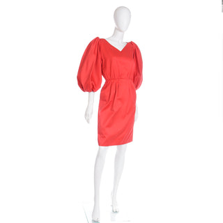 1989 Yves Saint Laurent Red Runway Dress W Puff Sleeves & Pleated Shoulder Seams