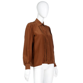 1970s Yves Saint Laurent YSL Brown Silk Pleated Collared Blouse
