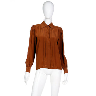 Vintage 1970s Yves Saint Laurent Brown Silk Pleated Collared Blouse