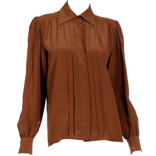 Vintage 1970s Yves Saint Laurent Brown Silk Pleated Collared Blouse France