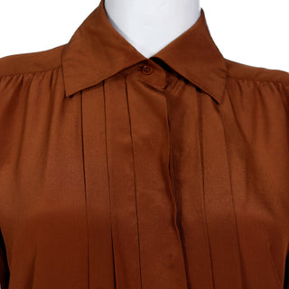 1970s Yves Saint Laurent Brown Silk Collared Blouse with Box Pleats