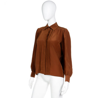 1970s Yves Saint Laurent Brown Silk Pleated Collared Blouse W Hidden Buttons