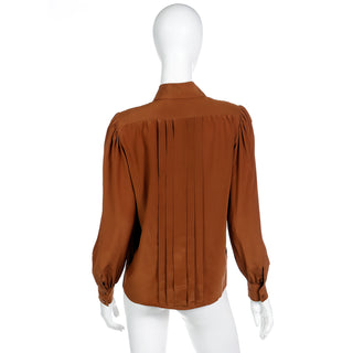 Vintage 1970s Yves Saint Laurent Brown Silk Pleated Collared Long Sleeve Blouse